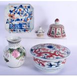 A 17TH/18TH CENTURY CHINESE KANGXI PORCELAIN DISH together with a vase, bowl and cover etc. Largest