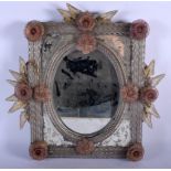 AN ANTIQUE VENETIAN GLASS MIRROR overlaid with foliage and vines. 40 cm x 36 cm.