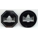 A pair of stone plaques with inlaid mother of Pearl Mosques 19cm (2).