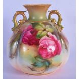 Royal Worcester lobed two handled mellon shaped vase painted with roses by Hood, signed, date code 1
