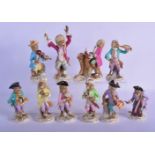 A RARE 19TH CENTURY MEISSEN FIGURE OF A PIANO PLAYER together with nine Dresden monkey musicians. La