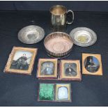 A group of silver plate, together with antique leather bound miniature picture frames. 11 x 9cm (9)
