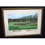 A large framed signed print by Linda Hartough of the Eden course Royal Hong Kong golf course 38 x 66