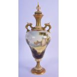 A FINE ANTIQUE TWIN HANDLED BLUSH IVORY TYPE ROYAL WORCESTER VASE by Charlie Johnson. 25 cm high.