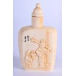 AN EARLY 20TH CENTURY CHINESE CARVED IVORY SNUFF BOTTLE AND STOPPER decorated with figures. 6.5 cm x