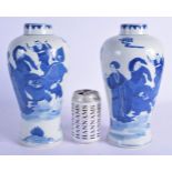 A PAIR OF CHINESE BLUE AND WHITE VASES 20th Century, painted with figures. 25 cm high.