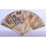AN UNUSUAL VINTAGE FRENCH FAN decorated with theatrical figures. 30 cm wide.