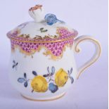 18th/early 19th c. Vienna custard cup and cover painted with flowers under a pink scale border,bee h
