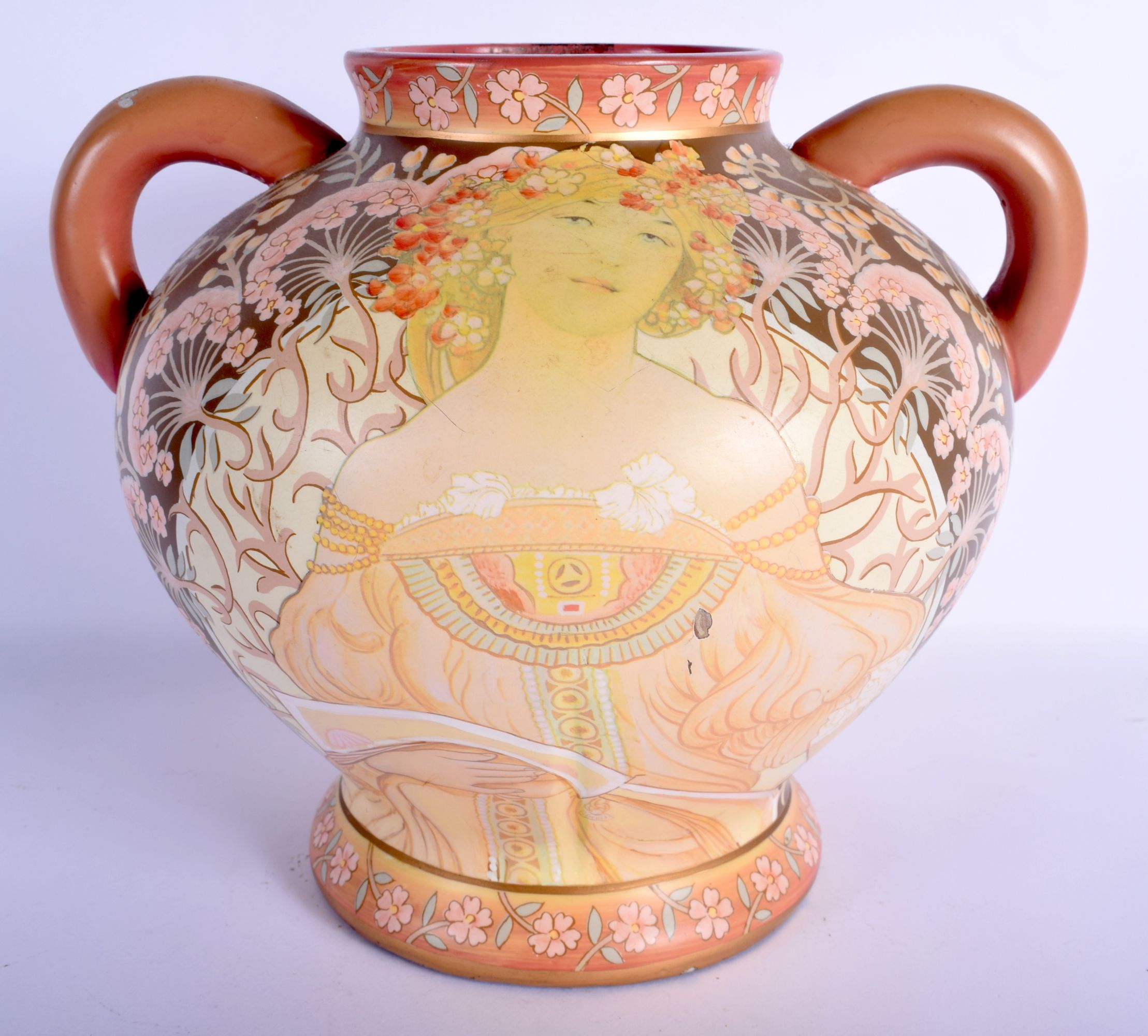 AN UNUSUAL TWIN HANDLED ART NOUVEAU ENAMELLED OPALINE GLASS VASE decorated with a classical maiden. - Image 2 of 4