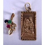TWO 9CT GOLD PENDANTS, 1 ST CHRISTOPHER AND THE OTHER A GEM SET LEAF. St Christopher 2.2cm x 1cm, t