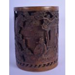 A CHINESE CYLINDRICAL BRONZE BRUSH POT 20th Century, decorated with figures in landscapes. 13 cm x 9