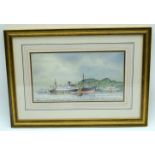 A Framed watercolour of a Blue Funnel cargo ship in Hong Kong harbour by Shinamin 14 x 26 cm.