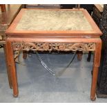 A LATE 19TH CENTURY CHINESE HARDWOOD AND MARBLE TABLE Qing, decorated with foliage. 88 cm x 92 cm