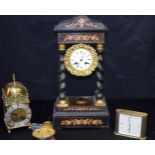 A wooden inlaid mantle clock together with a Smiths brass clock and a Swiza Mignon clock 50 cm