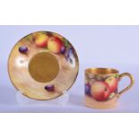 Royal Worcester coffee can and saucer painted with fruit by Ayrton and Moseley, signed, date code 19