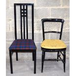 A painted high back wooden dining chair with upholstered seat together with a smaller chair 110 x 45