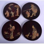 A SET OF FOUR 19TH CENTURY CHINESE HARDSTONE INLAID WOOD PLAQUES Qing. 22 cm diameter. (4)