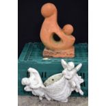 A Terracotta garden feature depicting a mother and baby together with stone composite water feature