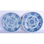 A PAIR OF 19TH CENTURY CHINESE BLUE AND WHITE CIRCULAR DISHES Qing, painted with flowers. 25 cm diam