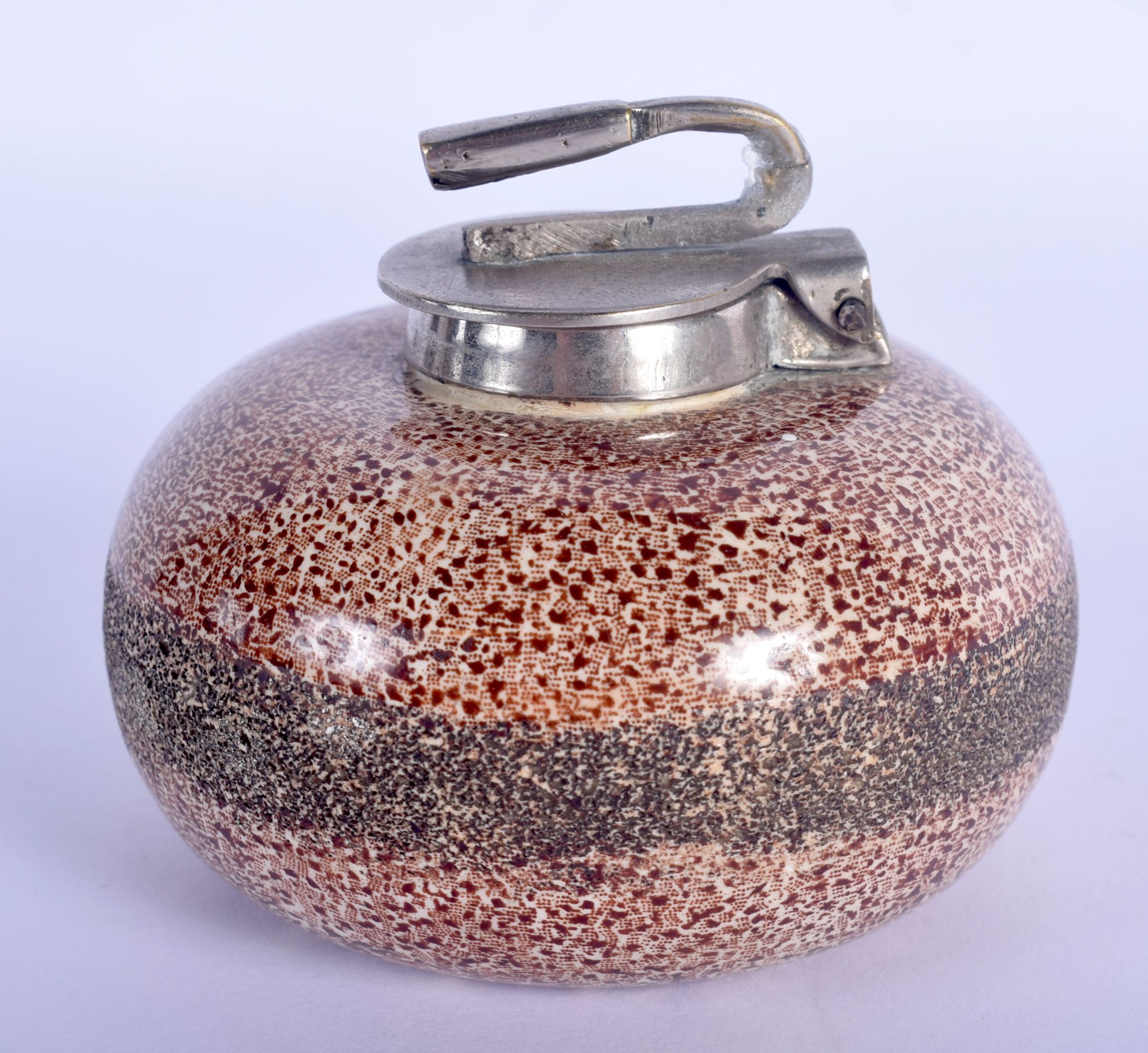 A CHARMING ANTIQUE SCOTTISH PAINTED POTTERY CURLING STONE INKWELL with silver plated mounts. 7.5 cm - Image 2 of 4