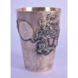 A LATE 19TH CENTURY CHINESE EXPORT SILVER DRAGON BEAKER. 83 grams. 8 cm x 6 cm.