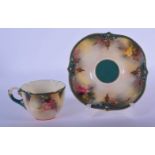 Royal Worcester Hadleyware cup and saucer painted with roses date code 1905. Cup 5cm High, Saucer 1