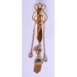 AN ANTIQUE 9CT GOLD AND TURQUOISE PENDANT. Length 18cm, width 3cm, 21g