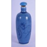 A CHINESE QING DYNASTY BLUE GLAZED PORCELAIN SCENT BOTTLE painted with horses. 8 cm high.