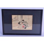 A 19TH CENTURY JAPANESE MEIJI PERIOD FRAMED EROTIC WATERCOLOUR depicting a male pulverising his unke