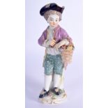 AN ANTIQUE MEISSEN PORCELAIN FIGURE OF A STANDING MALE modelled holding a basket of flowers. 13 cm h