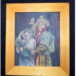 A framed Chinese Oil on board of The monkey King and a ruler from heaven . 59 x 49 cm.