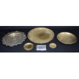 A large brass tray together with other brass items and a plated tray etc 36cm (6).