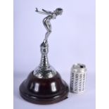 A LARGE ART DECO CHROME AND WOOD FIGURE OF A FEMALE possibly a car mascot. 37 cm high.