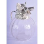 A CONTEMPORARY SILVER PLATED BOAR HEAD DECANTER. 30 cm x 15 cm.