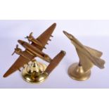 TWO EARLY 20TH CENTURY MILITARY GENTLEMANS POLISHED BRONZE DESK ORNAMENTS formed as planes. 16 cm x