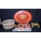 A antique banded wooden bucket together with a large Toleware tray, an engraved brass box and vinta