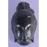 AN UNUSUAL 19TH CENTURY SOUTH EAST ASIAN SILVER INLAID HEAD OF A BUDDHA decorated with motifs. 18 cm