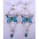 A PAIR OF SILVER AND ENAMEL BUTTERFLY EARRINGS. 4cm long, weight 5g