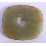 AN EARLY CHINESE CARVED GREEN JADE AMULET Qing, Archaic style. 4.5 cm x 3.5 cm.