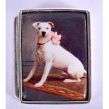 A STERLING SILVER PILL BOX DECORATED WITH A DOG ON THE TOP. 3.3cm x 2.5cm, weight 20g
