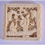 A RARE 19TH CENTURY CHINESE CANTON IVORY PUZZLE BOX Qing, decorated with figures in a landscape. 5.5