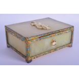 AN EARLY 20TH CENTURY CHINESE CARVED JADE ENAMEL AND IVORY CASKET overlaid with a figure. 13 cm x 10