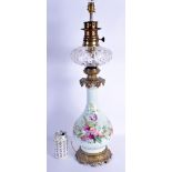 A LARGE 19TH CENTURY PAINTED OPALINE GLASS OIL LAMP decorated all over with foliage. 63 cm high.