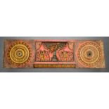 A RARE AND LARGE 18TH/19TH CENTURY INDIAN POLYCHROMED WOOD TEMPLE PANEL decorated with buddhistic fi