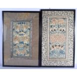 TWO 19TH CENTURY CHINESE SILK WORK EMBROIDERED PANELS Qing. Largest silk 60 cm x 34 cm. (2)