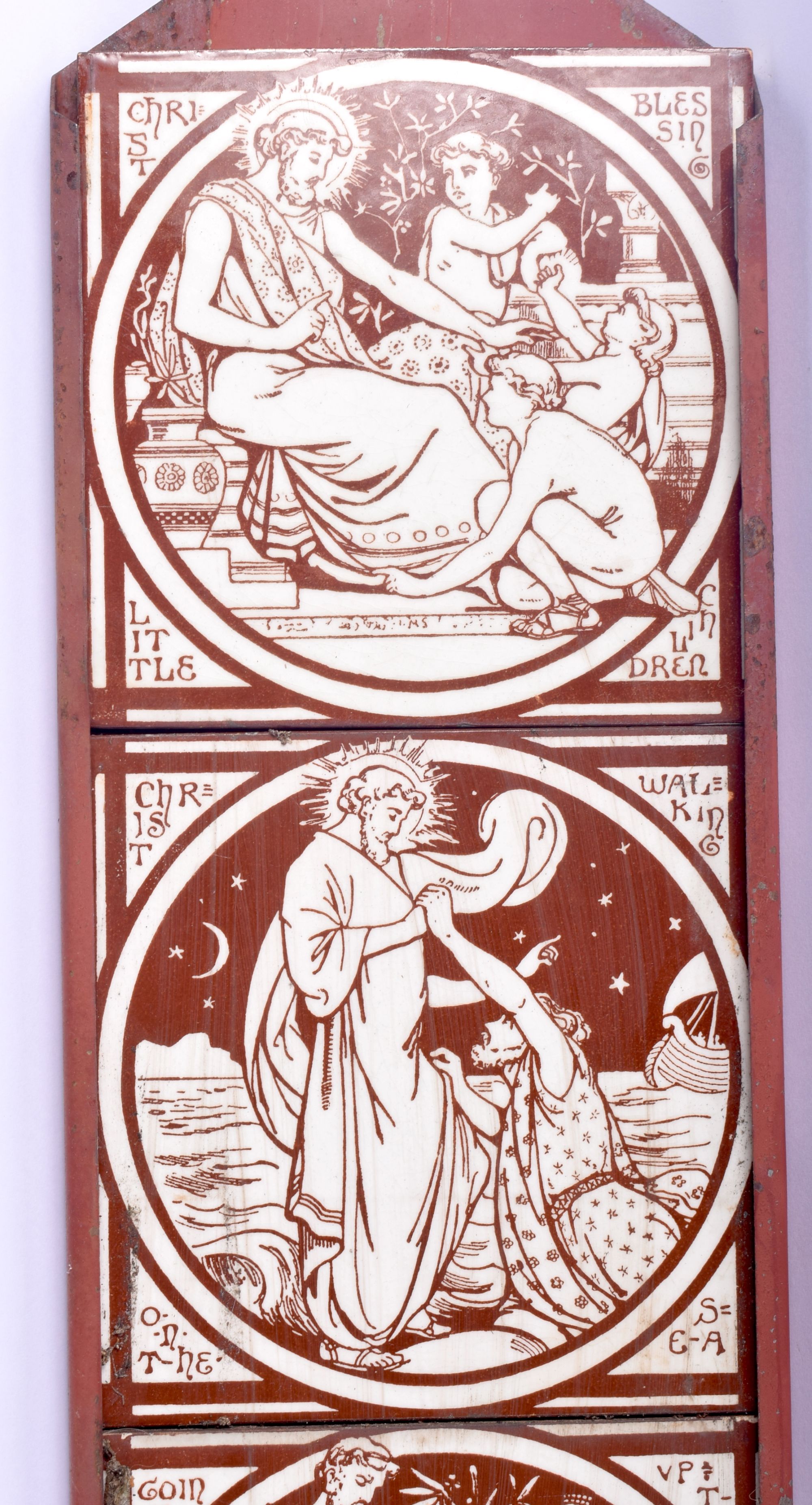 A SET OF ARTS AND CRAFTS MINTON TILES within a metal frame, decorated with figures. Each tile 15 cm - Image 2 of 6