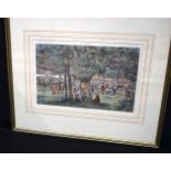 A framed antique lithographic print depicting a market in Indo China 28 x 42 cm