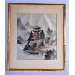 A JAPANESE TAISHO PERIOD SILK EMBROIDERED PANEL depicting pagodas in landscapes. Silk 38 cm x 34 cm.