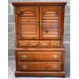 A Young & Hunkle Shenandoa pine linen press with Louvre doors on a 3 drawer chest 153 x 93 x 48cm.