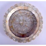AN INDIAN GOA MOTHER OF PEARL INLAID CIRCULAR DISH with stud type inlay. 19 cm wide.